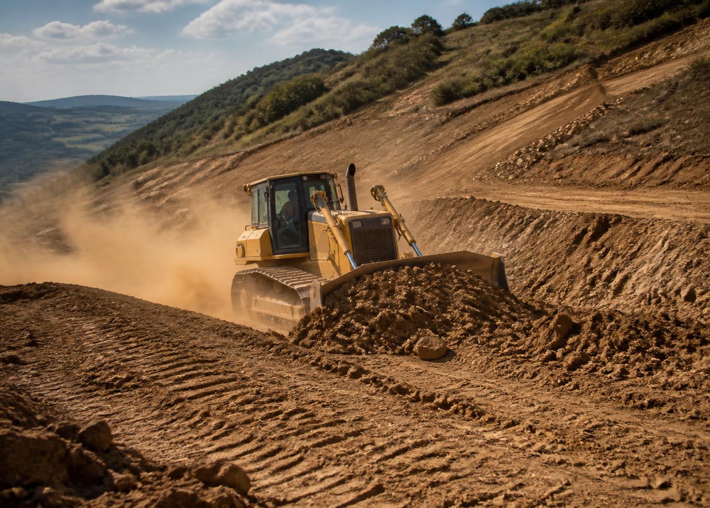 Bulldozer a nivelar terras numa encosta